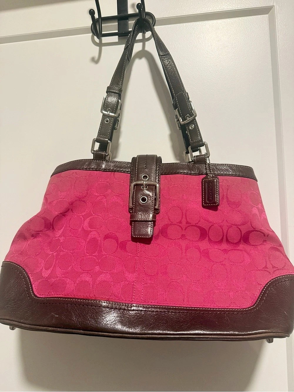 Y2K Vintage Coach Signature C Pink and Brown Buckle Tote Bag
